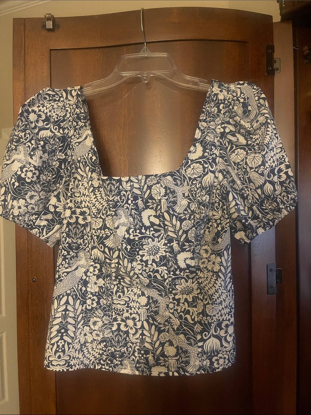 J. Crew Navy and White Floral Square-Neck corseted style Top